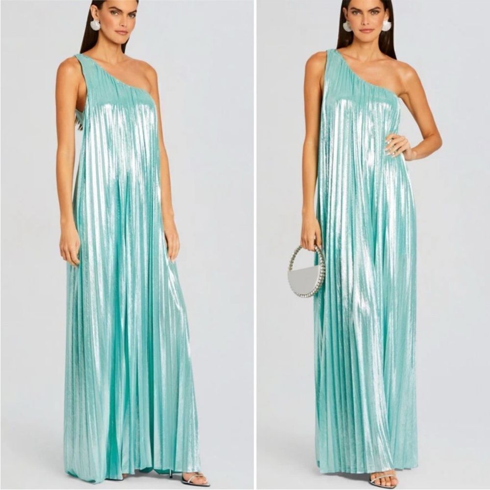 NWT Retrofete Kensley Pleated One Shoulder Metallic Shimmer Maxi Gown size Large